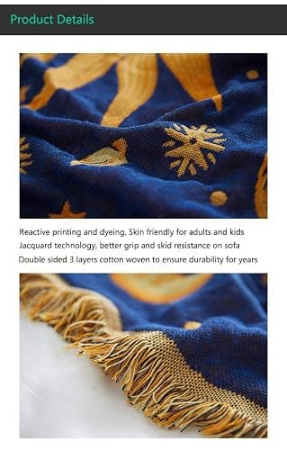 Erke Moon and Sun Throw Blanket Celestial Chair Recliner Cover Bed Spread Hippie Room Decor, Double Sided Cotton Woven Sofa Couch Furniture Aesthetic Witchy Throws - 50" X 70", Yellow/Blue thumbnail 3