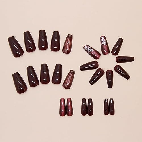 Red Press on Nails Medium Ballet Shaped Flower Fake Nails Stripe Design Coffin Nails Full Cover Acrylic Nails Artificial Stick on Nails Reusable Glossy Glue on Nails for Women Acrylic Nails Set 24Pcs thumbnail 4