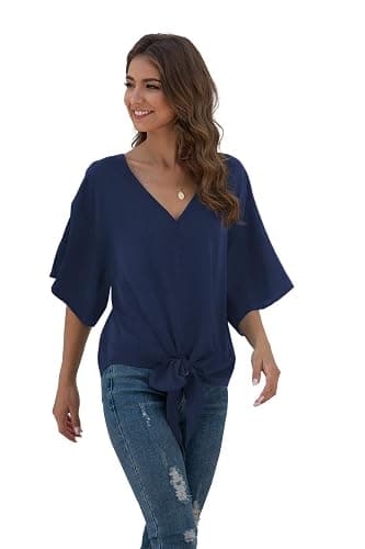 VIISHOW Womens Tie Front Chiffon Blouses V Neck Batwing Short Sleeve Summer Floral Tops Shirts thumbnail 3