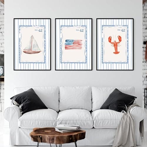 Blue Beach Stamp Set of 3 Canvas Poster Coastal Granddaughter Room Wall Art Decor Fisherman Preppy Aesthetic Prints Artwork for Girly Dorm Apartment Ocean Home Decoration 12x18inch Framed thumbnail 5