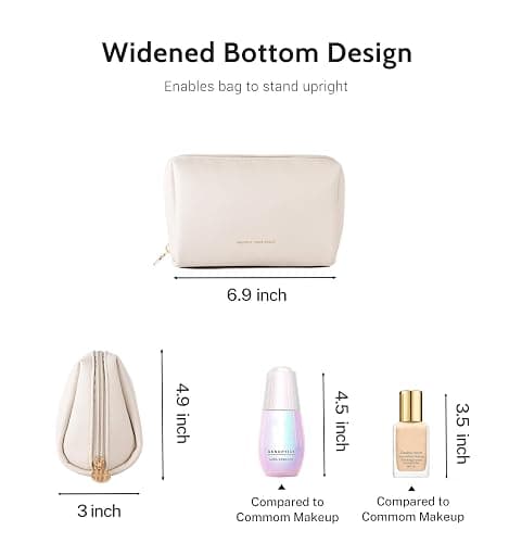 Aveniee Travel Makeup Bag Small, Vegan Leather Cosmetic Pouch for Purse, Wide-open Toiletry Organizer with Dividers & Zipper for Women-Beige thumbnail 5