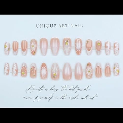 LPOODDNU 3D Almond Press on Nails - White French Tip Medium Fake Nails with Flower Pearl Star Designs, Glossy Finished Reusable False Nails with Adhesive Glue Tabs - 24Pcs Nail Kit for Women Manicure thumbnail 4