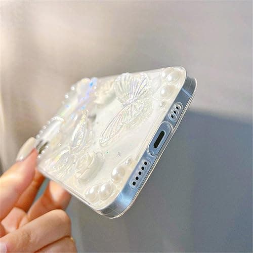 Fycyko Compatible with iPhone 14/13 Butterfly Floral Clear with Design Aesthetic Women Teen Girls Glitter Pretty Crystal Sparkle Sparkly Cute Girly Phone Cases Protective Cover+Chain-Clear thumbnail 6