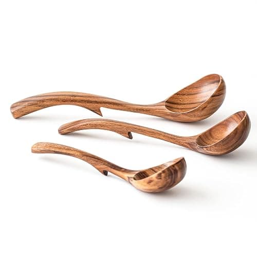 Gudamaye 3 Size Wooden Soup Ladles Set,3 Hooks for Bowl,Pot. Natural Teak Wooden Ladle,10.6 inch Big Soup Ladle, 9 inch Serving Spoon & 8 inch Wood Ladles for Cooking,Teak Deep Ladle Spoons - Image 1