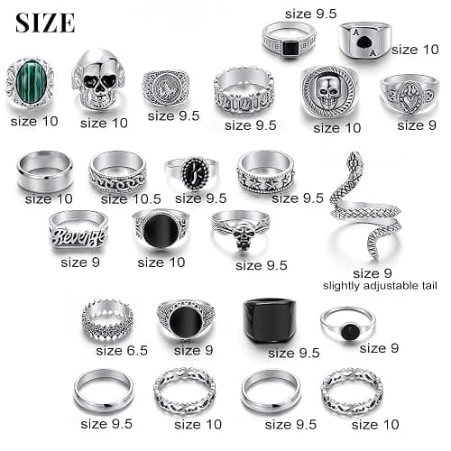 KISS WIFE Halloween Vintage Silver Punk Rings Set for Men, Cool Gothic Chunky Rings Bulk, Skull Snake Spade Ace Malachite Stackable Hippie Knuckle Rings Pack, Trendy Men's Jewelry Gift for Him thumbnail 7