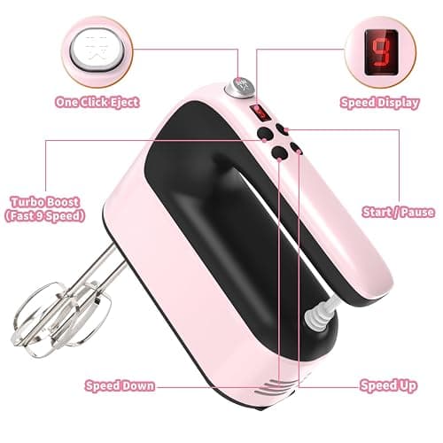 Yomelo 9-Speed Digital Hand Mixer Electric, 400W Powerful DC Motor, Hand Mixer Electric Handheld with Snap-On Storage Case, 5 Stainless Steel Accessories, Beaters, Dough Hooks, Whisk(Pink/Black) thumbnail 3
