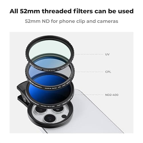 K&F Concept 52mm Clip-on ND2-400 Phone Camera Lens Filter Kit, Adjustable Neutral Density Filter Compatible with iPhone 15 14 13 12 11 thumbnail 7