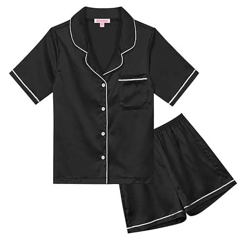QPANCY Kids Satin Pajamas Sets Baby Boy Girl Button-Down Silk Sleepwear 2 Piece Short Sleeve Loungewear Clothes Set