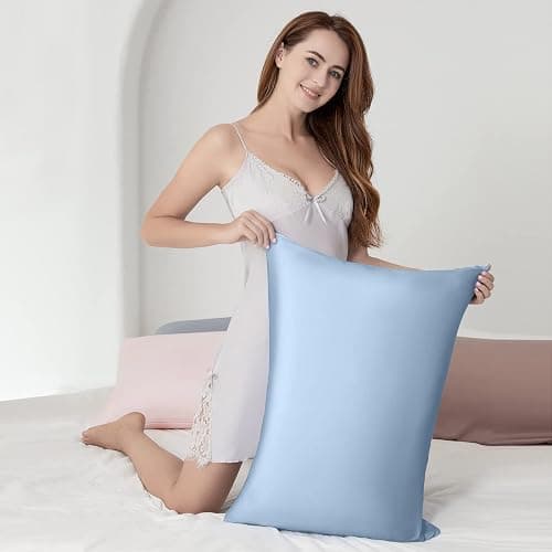 Silk Pillow Cases 2 Pack, Mulberry Silk Pillowcases Standard Set of 2, Health, Anti Acne,Beauty Sleep, Both Sides Natural Silk Satin Pillow Cases for Women 2 Pack with Zipper for Gift, Haze Blue thumbnail 6