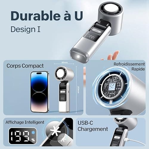Mini Ventilateur Climatiseur Portable,Pliable Ventilateur Avec écran LED Fonction de Refroidissement,1-199 Vitesses de Vent 5000mAh Turbo Ventilateur de Cou Pour Le Plein Air, Le Camping,Bureaux-Blanc thumbnail 3