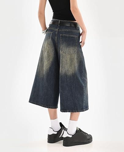 Lafaguw Cropped Jeans for Women Men High Waist Wide Leg Baggy Jorts Y2K Casual Denim Capris Pants Grunge Summer Clothes. thumbnail 5
