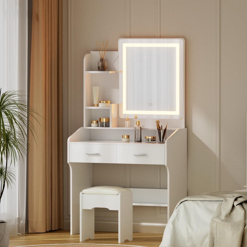 Artiss Dressing Table, LED Mirror Makeup Stool Set Wooden Vanity Desk Chair, Home Bedroom Furniture Girls Kids Women Organisers, Drawers Shelves Wide Tabletop White thumbnail 9
