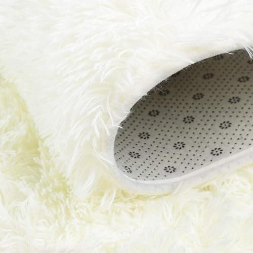 junovo Washable, Non-Slip Area Rug,Oval Fluffy Ultra Soft Area Rugs for Bedroom Plush Shaggy Carpet for Kids Room Bedside Nursery Mats, 2.6 x 5.3ft, Creamy thumbnail 3