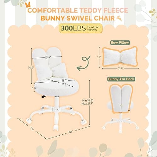 VINGLI Playful Rabbit Ear Swivel White Vanity Desk Chair with wheels&Bow Pillow,Cute Comfy Small Armless Adjustable Rolling Stool for Bedroom/Home Office,for Kids,Teens,Girls,Women,Adults,Teddy Fleece thumbnail 2