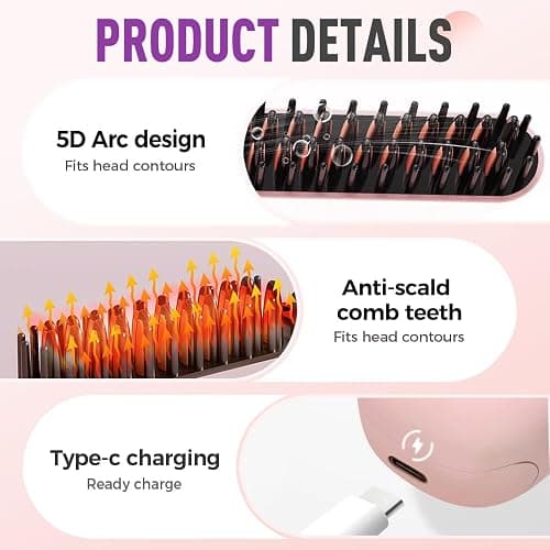 Go Brush Pro, Cordless Hair Straightener Brush, Portable Mini Hair Straightening Brush with 3 Temperature Settings & LED Display, USB Rechargeable Fast Heating Hairs Brush for Travel (Black) thumbnail 7