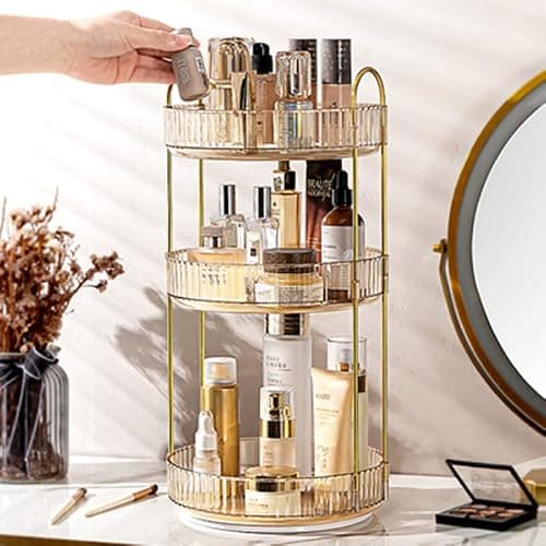 Makeup Organizer for Vanity, 360° Rotating Bathroom Organizer Countertop, High-Capacity Skincare Organizer, Spinning Cosmetics Organizer for Dresser Countertop (3 Tiers, Amber) thumbnail 4
