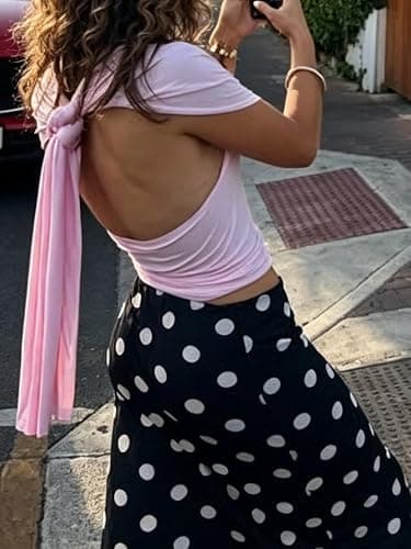 Yiulangde Women Off Shoulder Cinched Waist Wrap Top Y2k V Neck Ruched Tie Back Shirt Sexy Backless Going Out Summer Tank Tops thumbnail 2