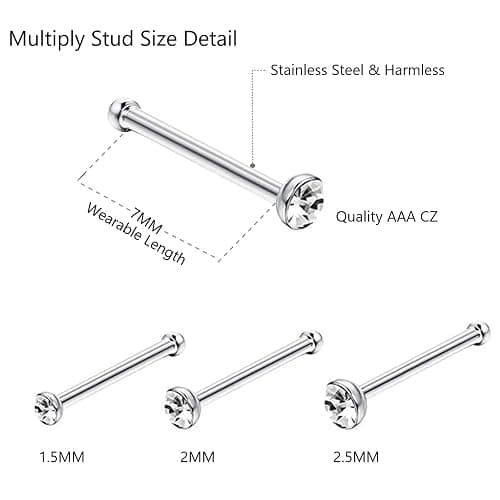 OMAIGAR Nose Rings Studs, 60pcs Straight or L-Shaped or Screw Nose Studs for Women Men, Surgical Stainless Steel Hypoallergenic Nose Piercing Jewelry 1.5/2/2.5mm Size Rhinestone and Ideal Gift thumbnail 4