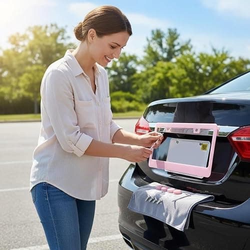 Fashion 2 Pack Matte Cherry Baby Pink License Plate Frames, Stainless Steel Car License Plate Cover Accessories with Screw Caps thumbnail 6
