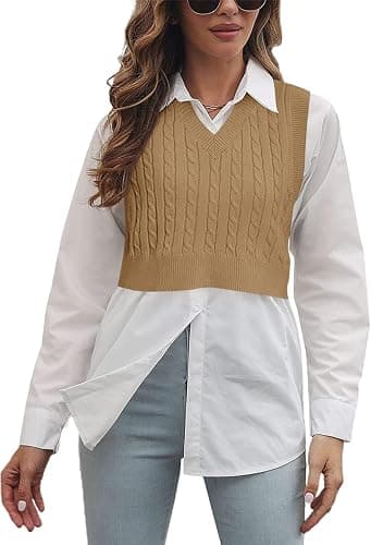 Lailezou Women's V-Neck Knit Sweater Vest Solid Color Argyle Plaid Preppy Style Sleeveless Crop Knit Vest - Image 1