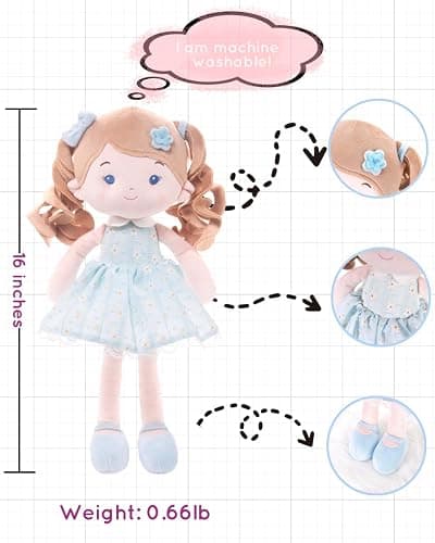 LeyaDoll Personalized Soft Baby Doll Toys (16''), My First Baby Rag Doll for 1 Year-Old Girl Birthday Gift, Christmas Plush Toys Gift for Toddler Kids Infants-Daydream Melia Girl-Blue thumbnail 3