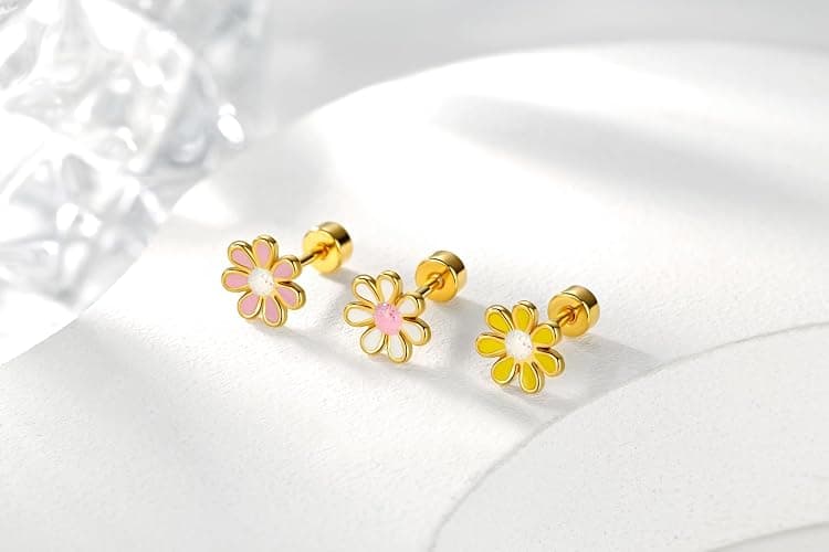 Onnzin Titanium Daisy Flower Earrings,Hypoallergenic Earrings for Sensitive Ears,Pure Titanium Implant Grade Stud Screw Back Girls Women Teen 7mm thumbnail 2