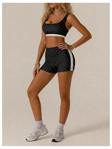 Milumia Women's Padded Polka Dots Workout Set 2 Piece Color Block Bra Tank High Waisted Biker Shorts Matching Yoga Outfit thumbnail 5