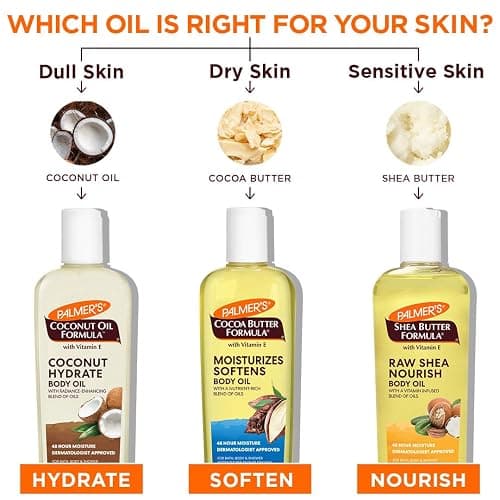 Palmer's Body Oil Variety Pack, Cocoa Butter, Coconut, and Shea, Dermatologist Approved, Instant Absorption, Bath, Body & Shower, 3 Pack (8.5 oz x 3) thumbnail 2