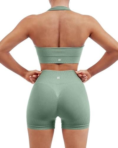 SUUKSESS Women Seamless Ribbed Workout Set Backless Sports Bra Booty Biker Short thumbnail 2