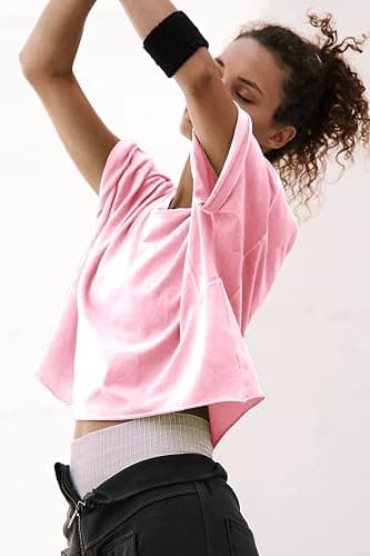 Women's Oversize Workout Crop Tops Casual Short Sleeve Drop Shoulder Boxy T-Shirts Roll Hem Basic Loose Yoga Running Tees thumbnail 4