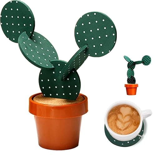 Cactus Coasters Set for Drinks of 6 Pieces,Funny Coasters Cactus Gift with Flowerpot Holder for Home Office Bar Decor - Image 1