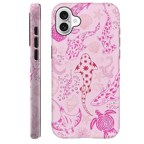 Case for iPhone 16,Fits Frosted Case Design for Girl Women,Sharks Turtles Shells Seaweed Pink - Image 1