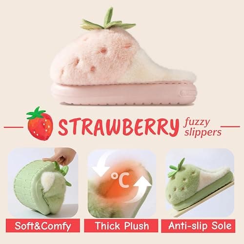 Zigihos Strawberry Fuzzy Friut Slippers for Women, Cute Fluffy Plush Warm House Couple Slippers, Winter thumbnail 4