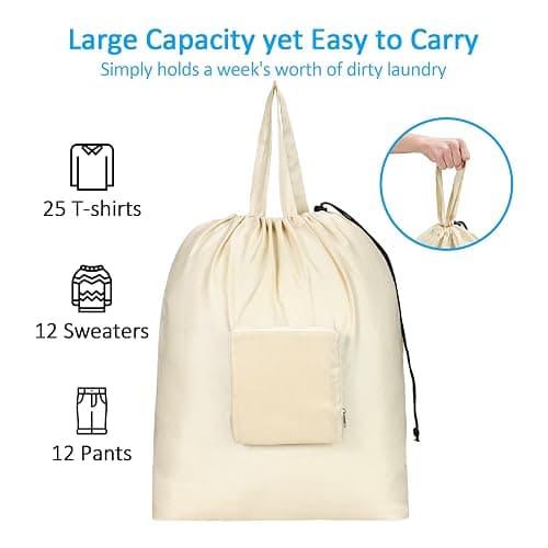 GOGOODA Travel Laundry Bags with Drawstring Closure XL Large Foldable Dirty Clothes bags with Handle Heavy Duty and Washable for College Dorm Travelling Camping, 2 Pack, Black & Beige thumbnail 3
