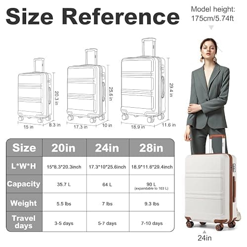 Kono 24 Inch Luggage Suitcase Lightweight with Spinner Wheels TSA Lock Hardside Medium Checked Luggage Durable Rolling Suitcase Cream White thumbnail 3