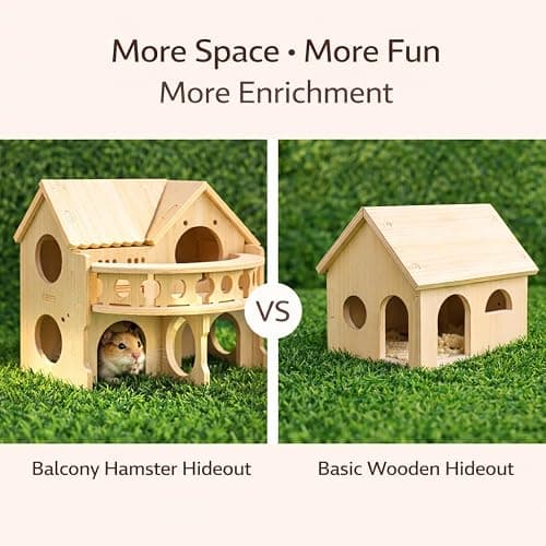Improved Safety Large Balcony Small & Cute Wooden Hamster House with Large Balcony – Double-Decker Forest-Style Hut for Dwarf Hamsters, Mice, Gerbils, Rats & Small Pets (Compact Size Only) thumbnail 8