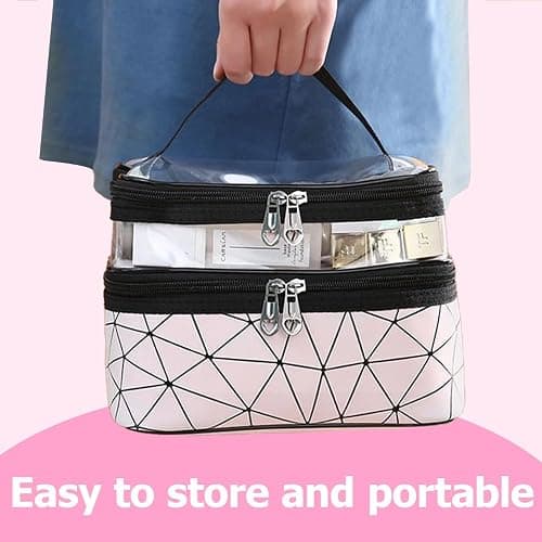 Double Layer Makeup Bag, Large Capacity Travel Cosmetic Bag, Waterproof Double Layer Makeup Bags, Portable Toiletry with Compartment Pink 23 x 17 x 16 cm thumbnail 4