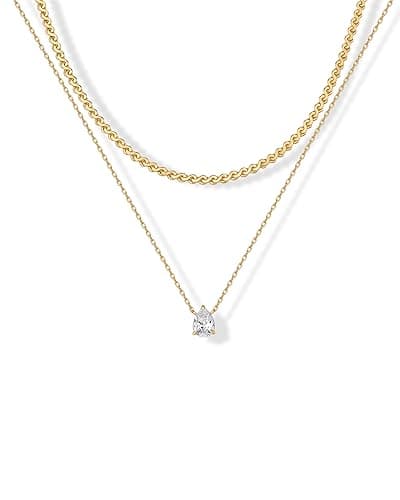 PAVOI 14K Gold Plated Twisted Singapore Chain Layering Choker with Round Solitaire and Serpentine Chain Layering Choker with Pear-Cut Stone Pendant Necklace Pack for Women | Cubic Zirconia Statement Layered Necklace Set - Pear - Yellow Gold
