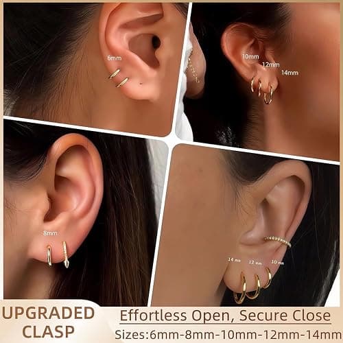 5 Pairs 14K Gold Plated Huggie Hoop Earrings for Women - Lightweight Minimalist Small Hoops, Hypoallergenic Nickel-free Lead-free, Non-Tarnish Everyday Jewelry for Sensitive Ears, Multiple Piercing Stack Set thumbnail 3
