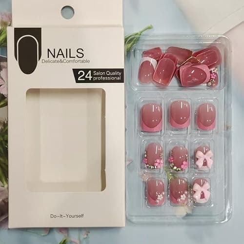 24Pcs Pink French Tip Press on Nails Short Square Fake Nails with Flower Bow Nail Charms Rhinestones Glue on Nails Cute Bows False Nails Artificial Acrylic Nails for Women Manicure Tips Decor - Bow Style-28 thumbnail 6