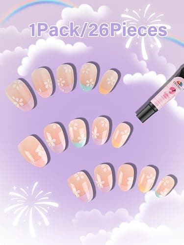 26 Pieces Press on Nails for Kids, EBANKU 1 Pack Kid Fake Nail Pink Flower Press on Nails for Girls 5-12 Years with Nail Glue thumbnail 3