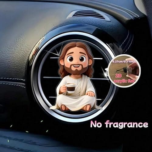 Cute Cartoon Jesus Coffee Car Air Vent Clip Acrylic Auto Decor for Women Reusable DIY Scent Diffuser Accessory Religious Car Ornament Gift (White) thumbnail 6