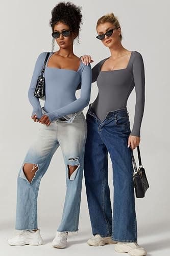 QINSEN Women's Sexy Square Neck Bodysuit Long Sleeve Double Lined Shirt Tops thumbnail 5