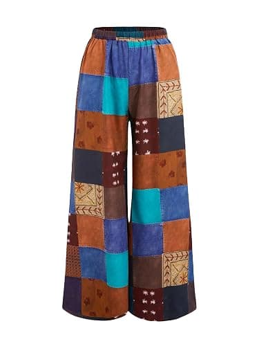 WDIRARA Women's All Over Print Patchwork Wide Leg Hippie Elastic High Waist Boho Pants - Small - A Multicolor Brown Animal - Image 1