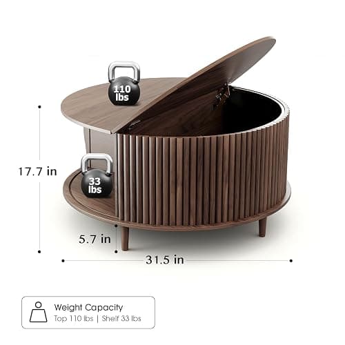 JOINICE,Round Coffee Table with Storage,Fluted Center Table with Sliding Cabinet Door for Living Room,Home Small Space,31.5" Small Center Table,Walnut - Round - Walnut thumbnail 2