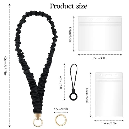 Longbitzen Stretchy Scrunchie Lanyard with 2 ID Holder for ID Badges and Keys, Cute Stretchy Teacher Lanyard, Black Retractable Scrunchie Neck Strap Keychain for Teacher, Nurse, Cruise Ship thumbnail 3