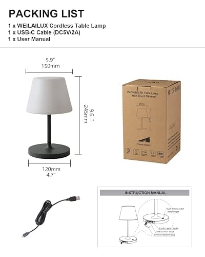 WEILAILUX Outdoor Battery Operated Table Lamp Waterproof, 4000mAh Cordless Table Lamp Rechargeable, Touch Dimmable Desk Lamp, LED Night Light for Patio Camping Restaurant Home, H9.6in, Dark Grey thumbnail 8