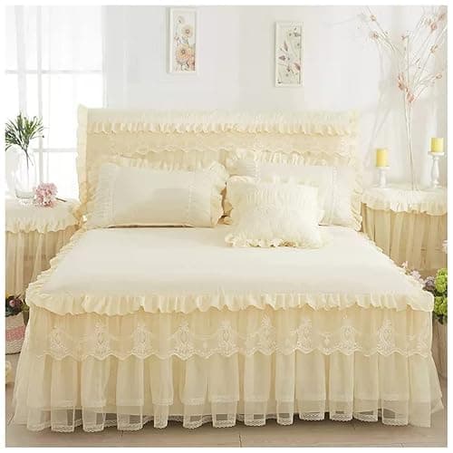 MSCEE Lace Bed Skirt King Size Wrap Around Bed Skirt Sheet Set Leaf Ruffle Pleated Bedskirt for King Bed Decorative Bedspread with 2 Pillow Shams (Color : Beige, Size : 150x200cm) - Image 1