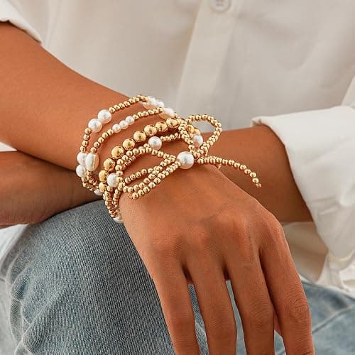 NIQIPOK Gold Bow Bracelet for Women Gold Beaded Bracelet Pearl Bead Bracelet Stackable Stretch Bead Ball Bracelet Gold Statement Jewelry Accessories thumbnail 7
