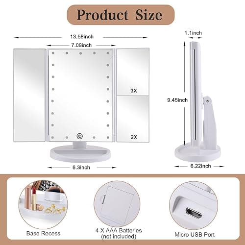deweisn Floor Mount Tri-Fold Lighted Vanity Mirror with 21 LED Lights, Touch Screen and 3X/2X/1X Magnification, Two Power Supply Modes Make Up Mirror,Travel Mirror thumbnail 2